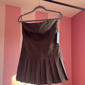 Strapless Pinstripe Pleated Mini Dress - grey